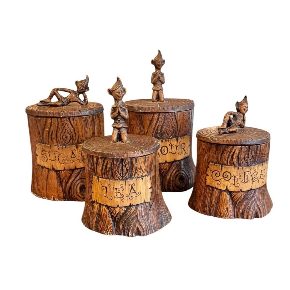 Vintage Treasure Craft Pixie Elf Tree‎ Trunk Canister Set Flour Sugar Coffee Tea
